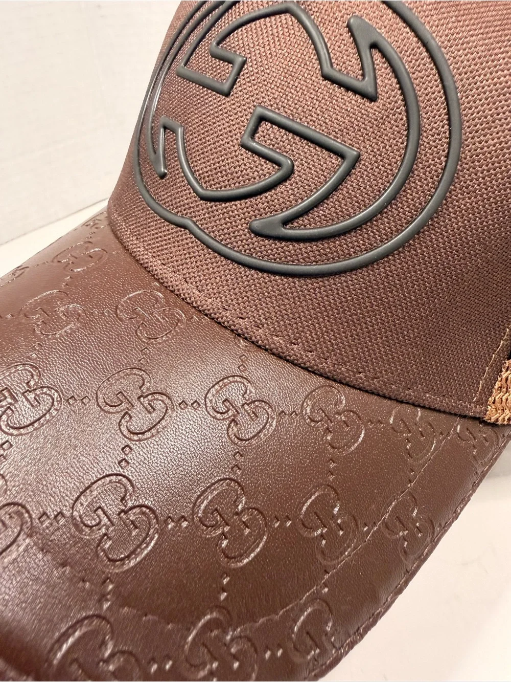 Gucci GG Logo Brown Trucker Cap with Leather Brim